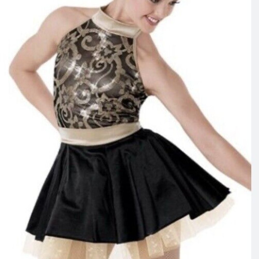 Dance Costume Weissman 9071 Large Child blck and Gold Jazz Tap Clogging EUC